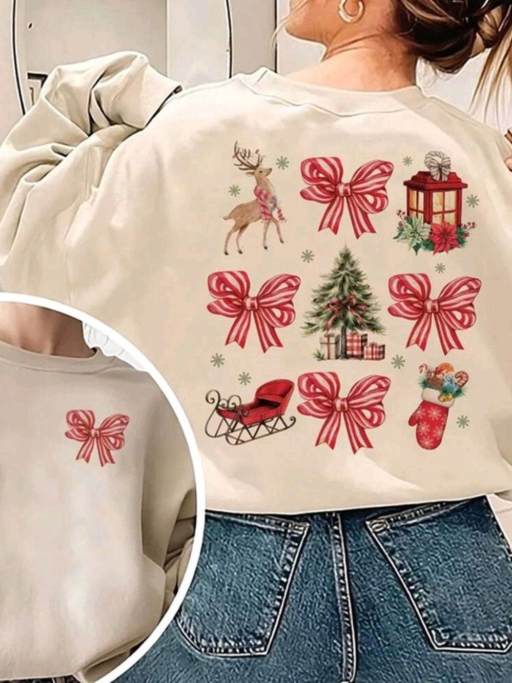 Holiday Graphic Sweatshirt - Cream with Red Bows Christmas Sweater